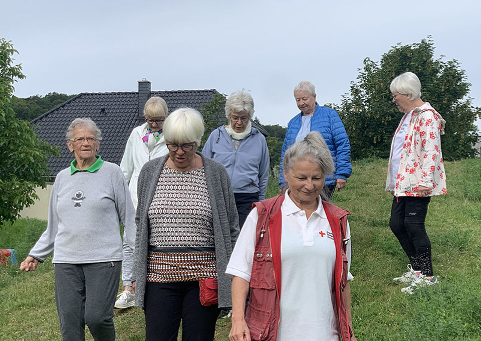 Gruppe älterer Menschen beim Spaziergang auf einer Wiese mit einer Frau in roter DRK-Weste vorne